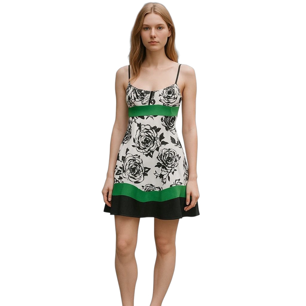 Trixxi Aline Dress Junior 3 Black White Floral Green Tie Mini Sweetheart…